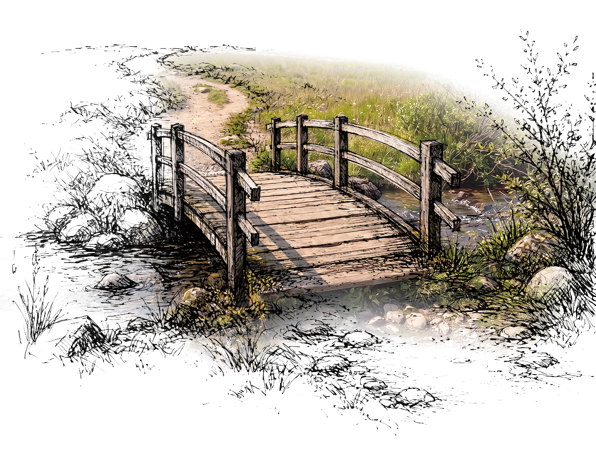 Color ink sketch of a bridge and path.