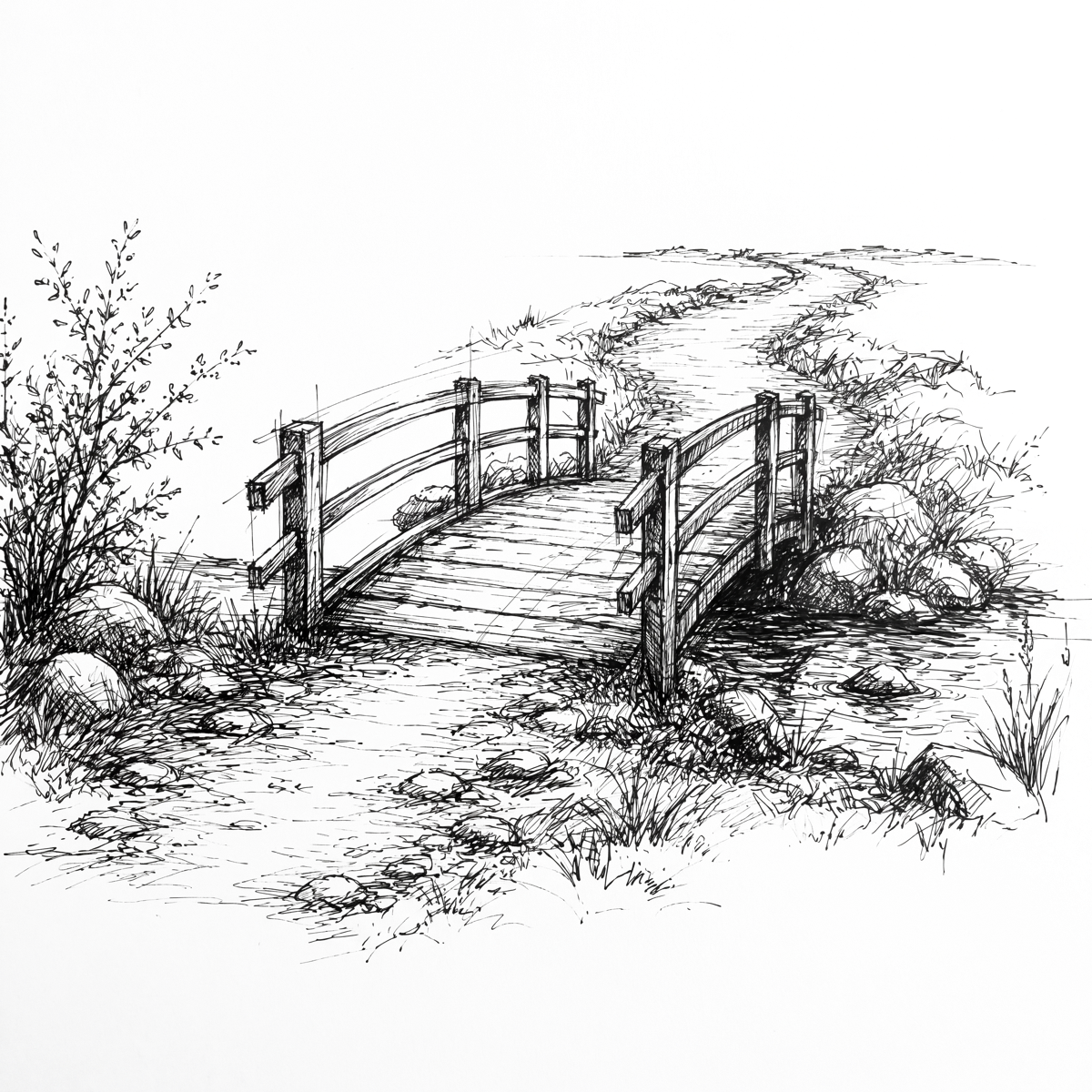 Ink sketch of a bridge and path.