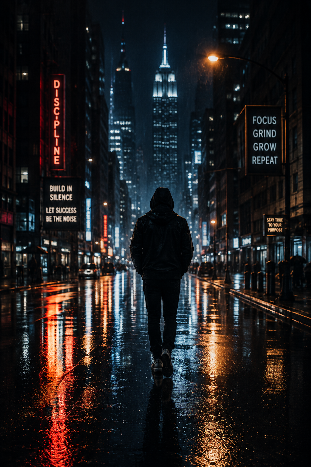 A cinematic city street with discipline messaging