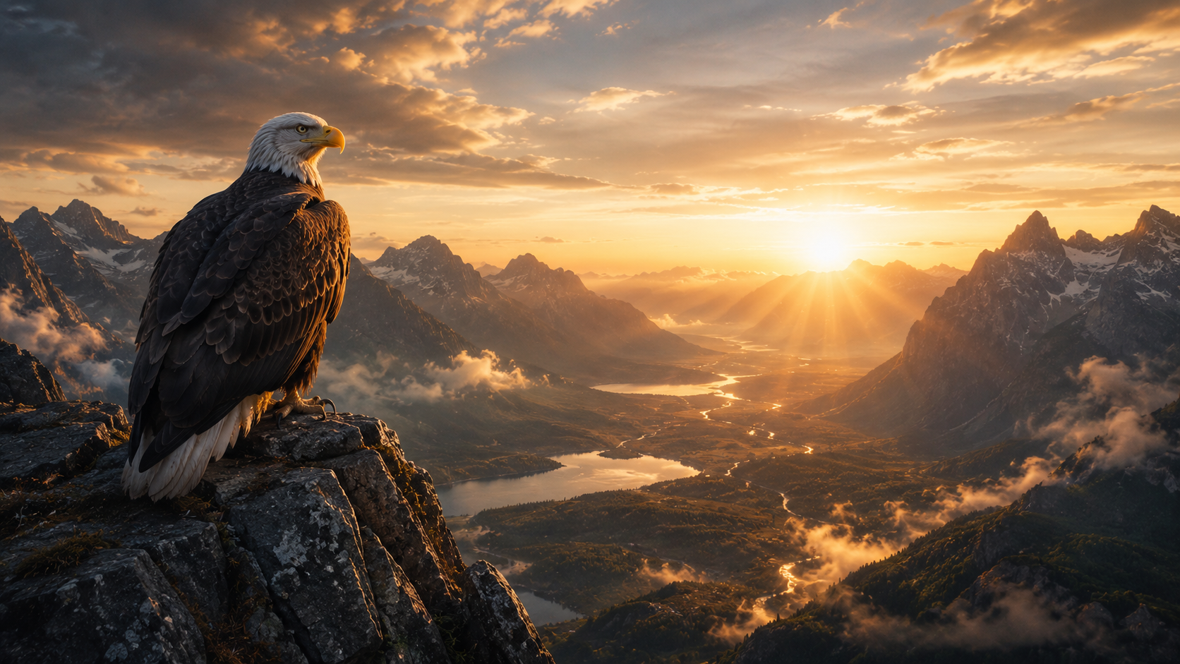 Eagle overlooking a golden valley