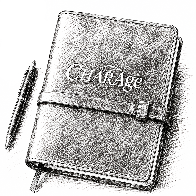 Ink sketch of a CharAge journal and pen.