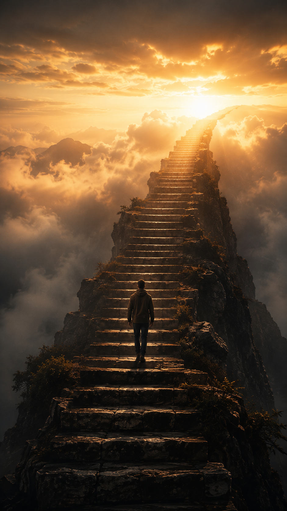 A person climbing a dramatic stairway through clouds