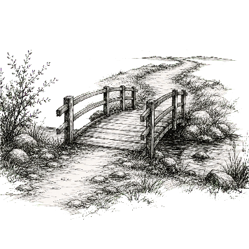 Ink sketch of a bridge crossing toward a horizon.