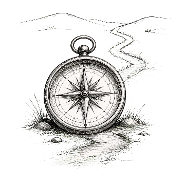 Ink sketch of a compass point and path.