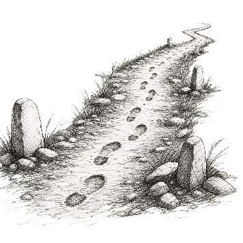 Ink sketch of footsteps and stones along a path.