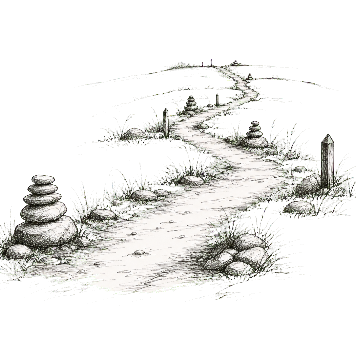 Ink sketch of trail markers and paths extending into the distance.